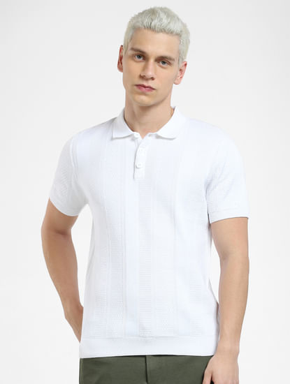White Textured Polo Neck T-shirt