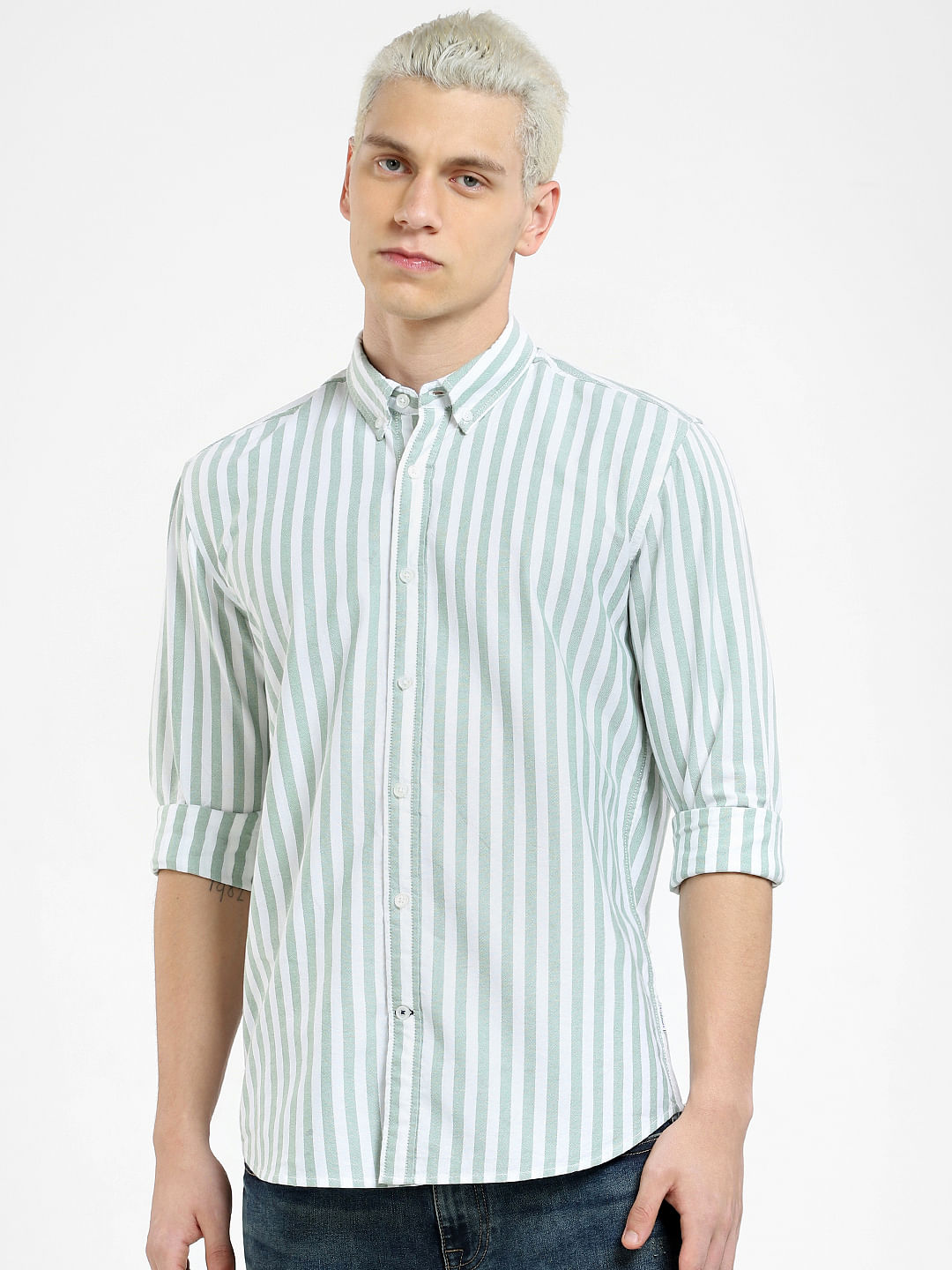 Mens green striped store dress shirt