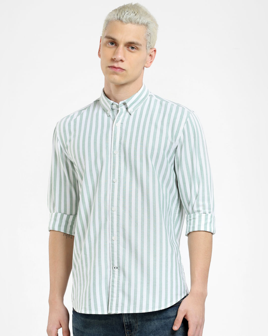 Buy Green Striped Full Sleeves Shirt for Men