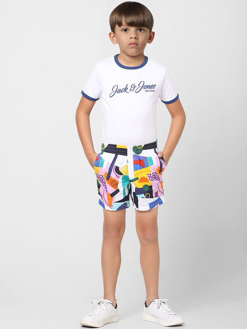 Boys White Low Rise Abstract Print Shorts