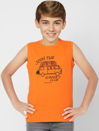 Boys Orange Graphic Print Crew Neck T-shirt