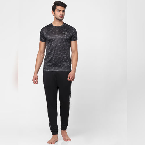 JACK&JONES Black Printed Crew Neck Gym T-shirt