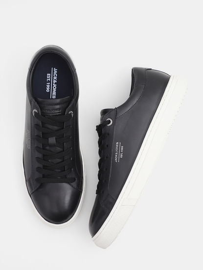 Black Leather Lace-Up Sneakers