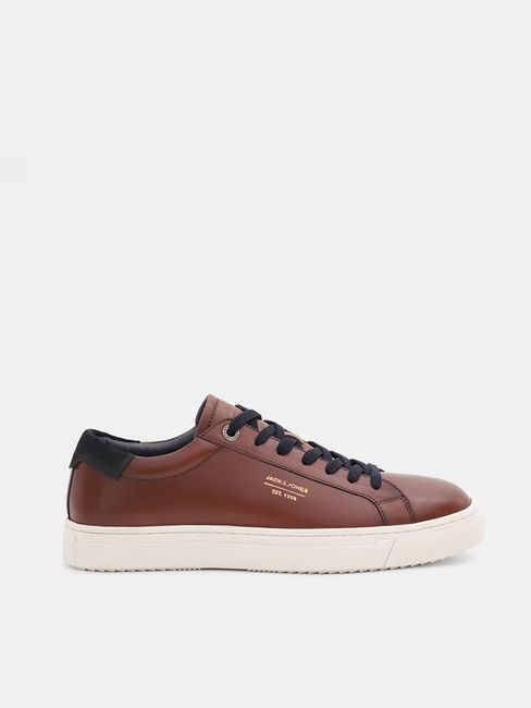 Brown Leather Lace-Up Sneakers