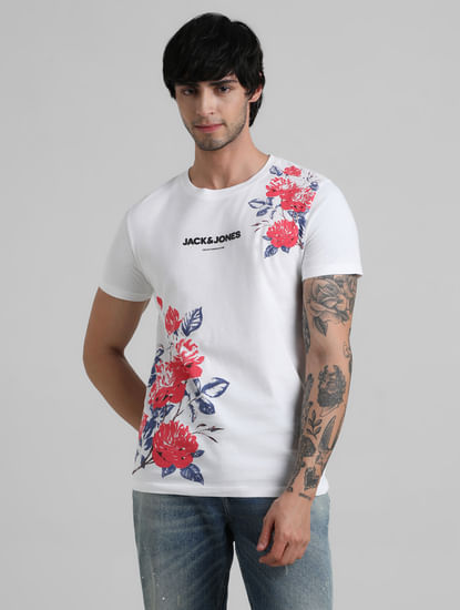 White Logo Print Floral T-shirt