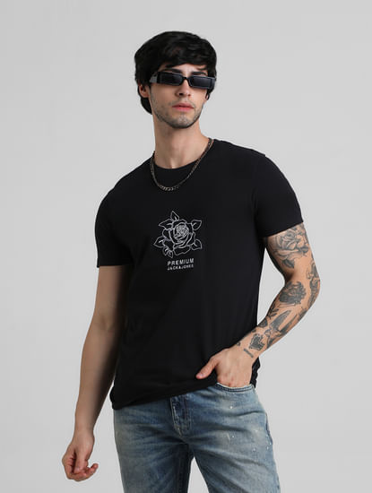 Black Embroidered Print Oversized T-shirt
