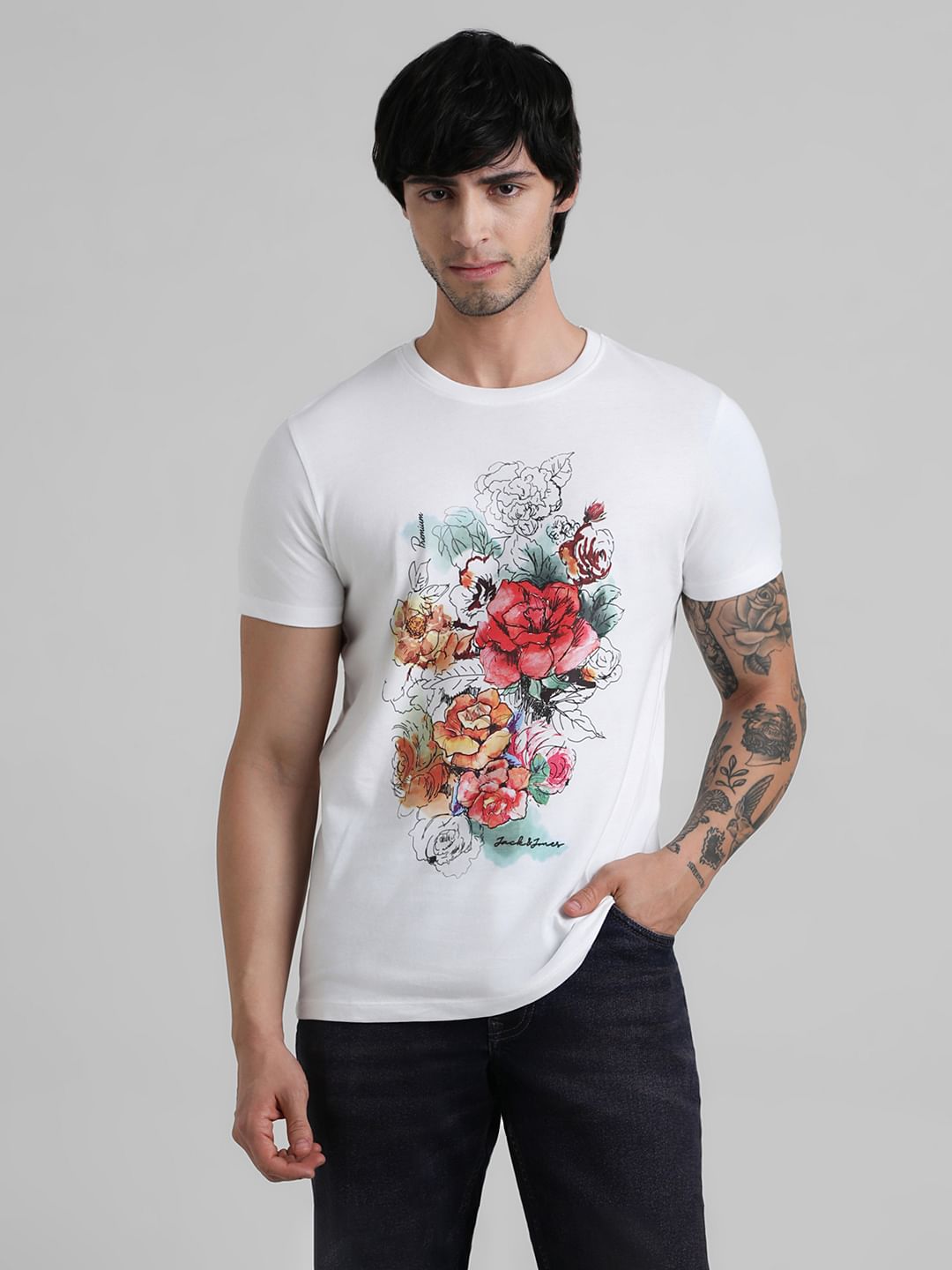 White Floral Print T shirt