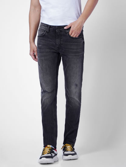 Grey Low Rise Distressed Skinny Jeans