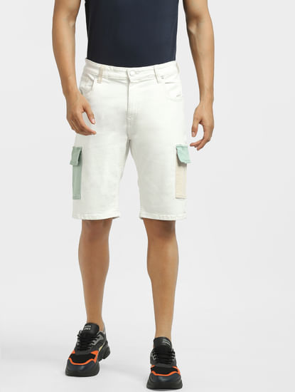 White Low Rise Colourblocked Denim Shorts