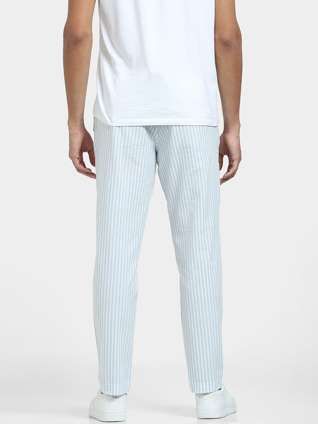 Buy HANCOCK Blue Mens Slim Fit Striped Trousers  Shoppers Stop