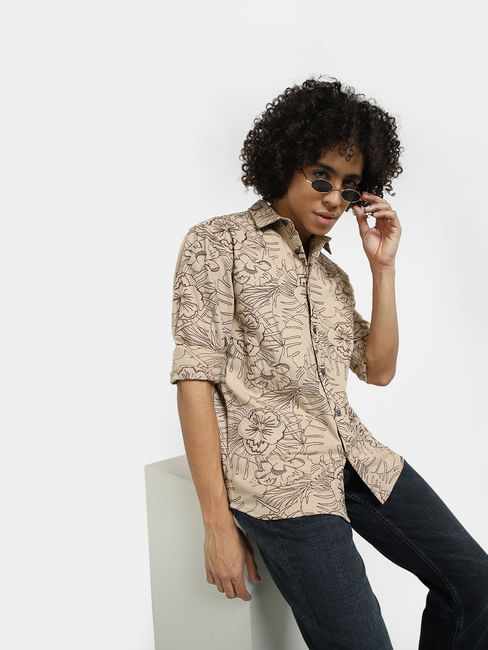 Brown Embroidered Full Sleeves Shirt