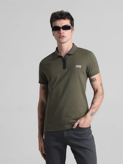 Olive Zip Detail Polo T-shirt