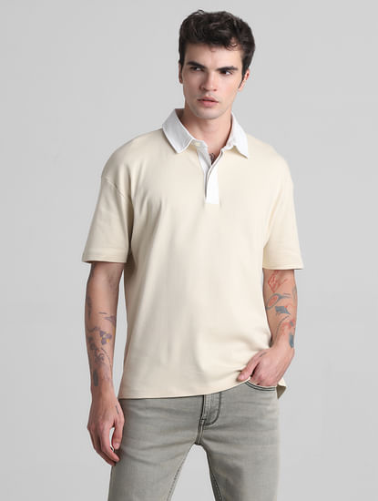 Beige Cotton Oversized Polo T-shirt