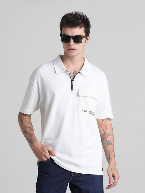 White Zip-Up Oversized Polo T-shirt