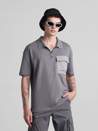 Grey Zip-Up Oversized Polo T-shirt