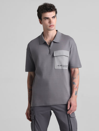 Grey Zip-Up Oversized Polo T-shirt