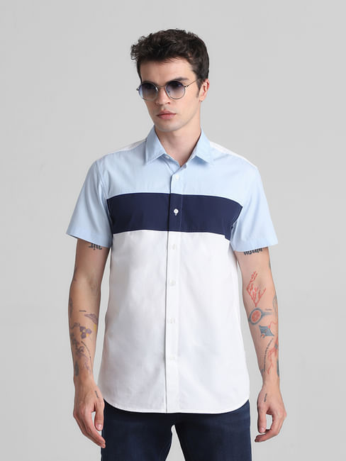 Blue Colourblocked Short Sleeves Shirt