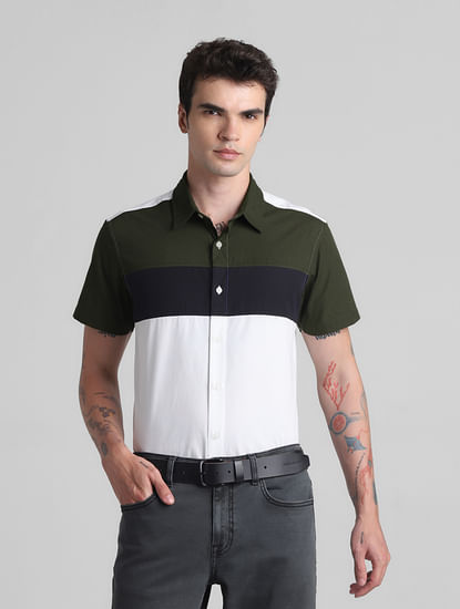 Green Colourblocked Short Sleeves Shirt