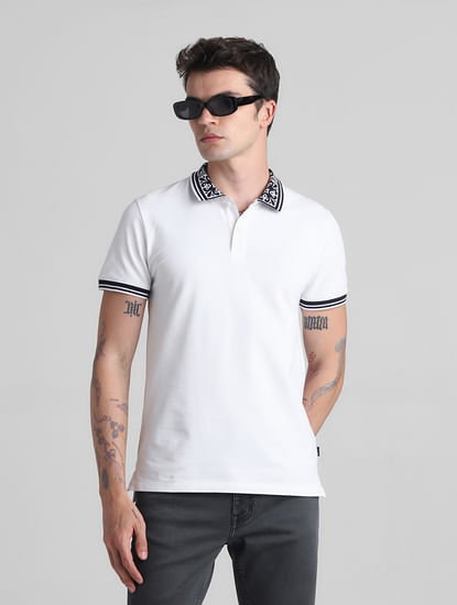 White Printed Collar Polo T-shirt