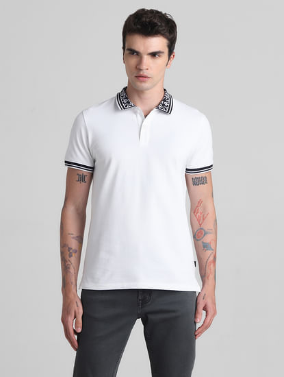 White Printed Collar Polo T-shirt