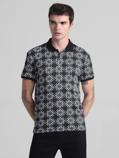 Black Abstract Print Polo T-shirt