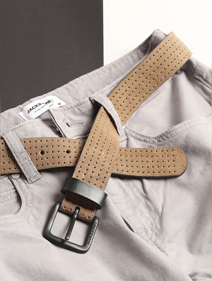Beige Perforated Detail Leather Belt