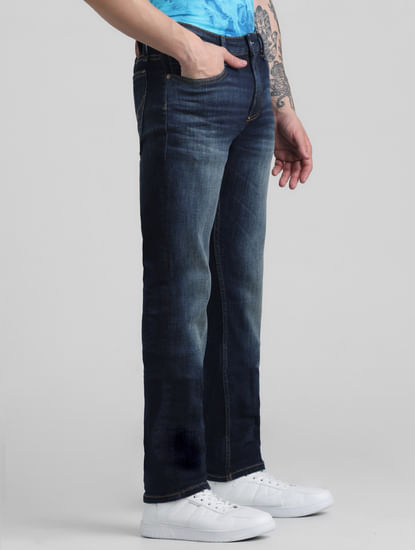 Dark Blue Mid Rise Washed Clark Regular Fit Jeans