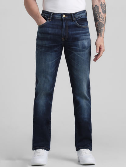 Dark Blue Mid Rise Washed Clark Regular Fit Jeans