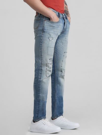 Blue Low Rise Stitch Detail Slim Jeans