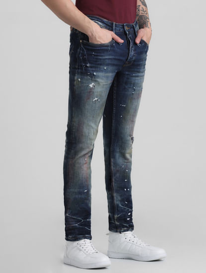 Dark Blue Low Rise Distressed Glenn Slim Fit Jeans