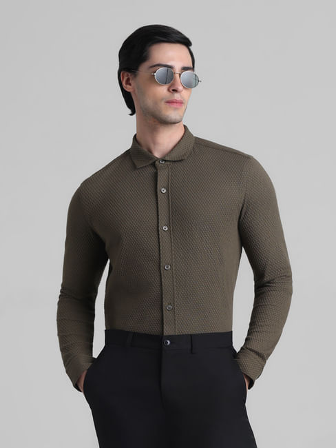 Olive Knitted Full Sleeves Shirt