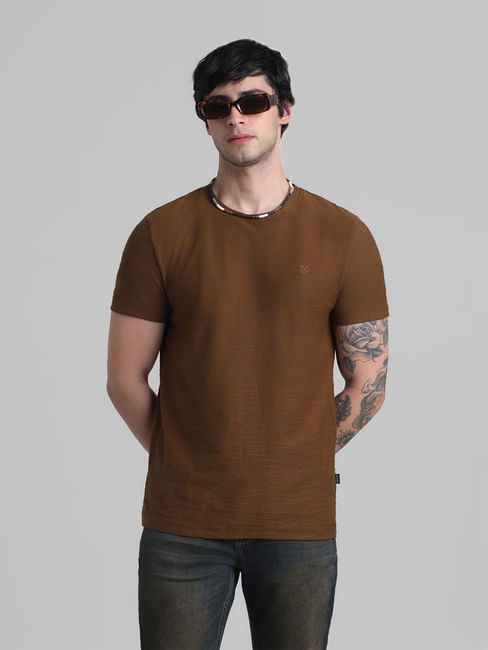 Brown Jacquard Cotton T-shirt