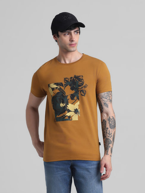 Golden Brown Floral Print T-shirt