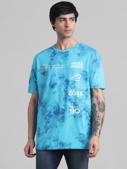 Blue Abstract Print Oversized Crew Neck T-shirt