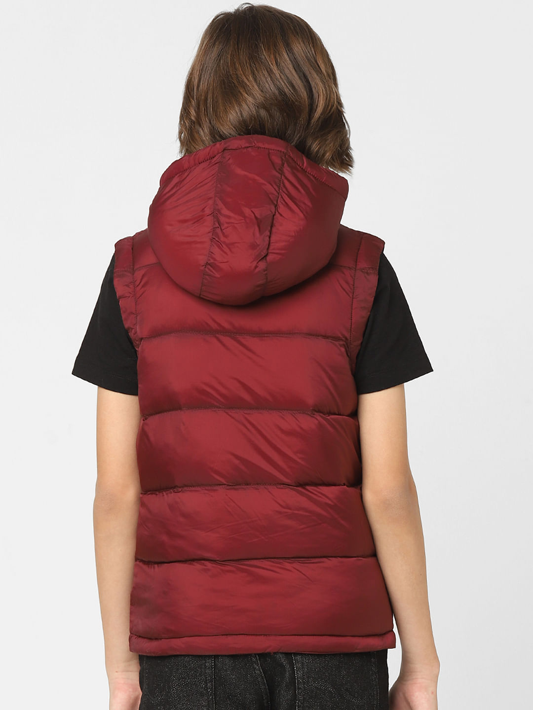 Boys red vest deals with hood