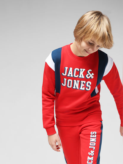 JUNIOR BOYS Red Typographic Print Co-ord Sweatshirt