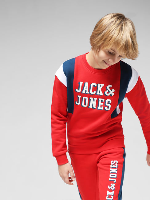 JUNIOR BOYS Red Typographic Print Co-ord Sweatshirt