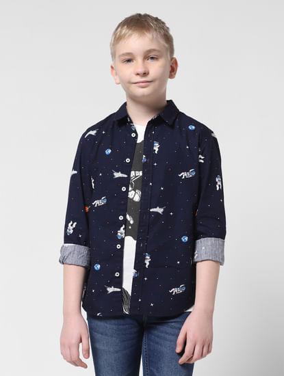 JUNIOR BOYS Blue Space Print Full Sleeves Shirt
