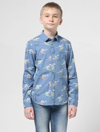 JUNIOR BOYS Blue Printed Full Sleeves Shirt