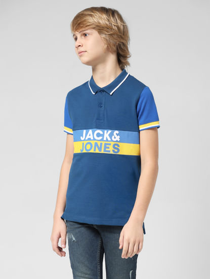 JUNIOR BOYS Blue Typographic Print Polo T-shirt