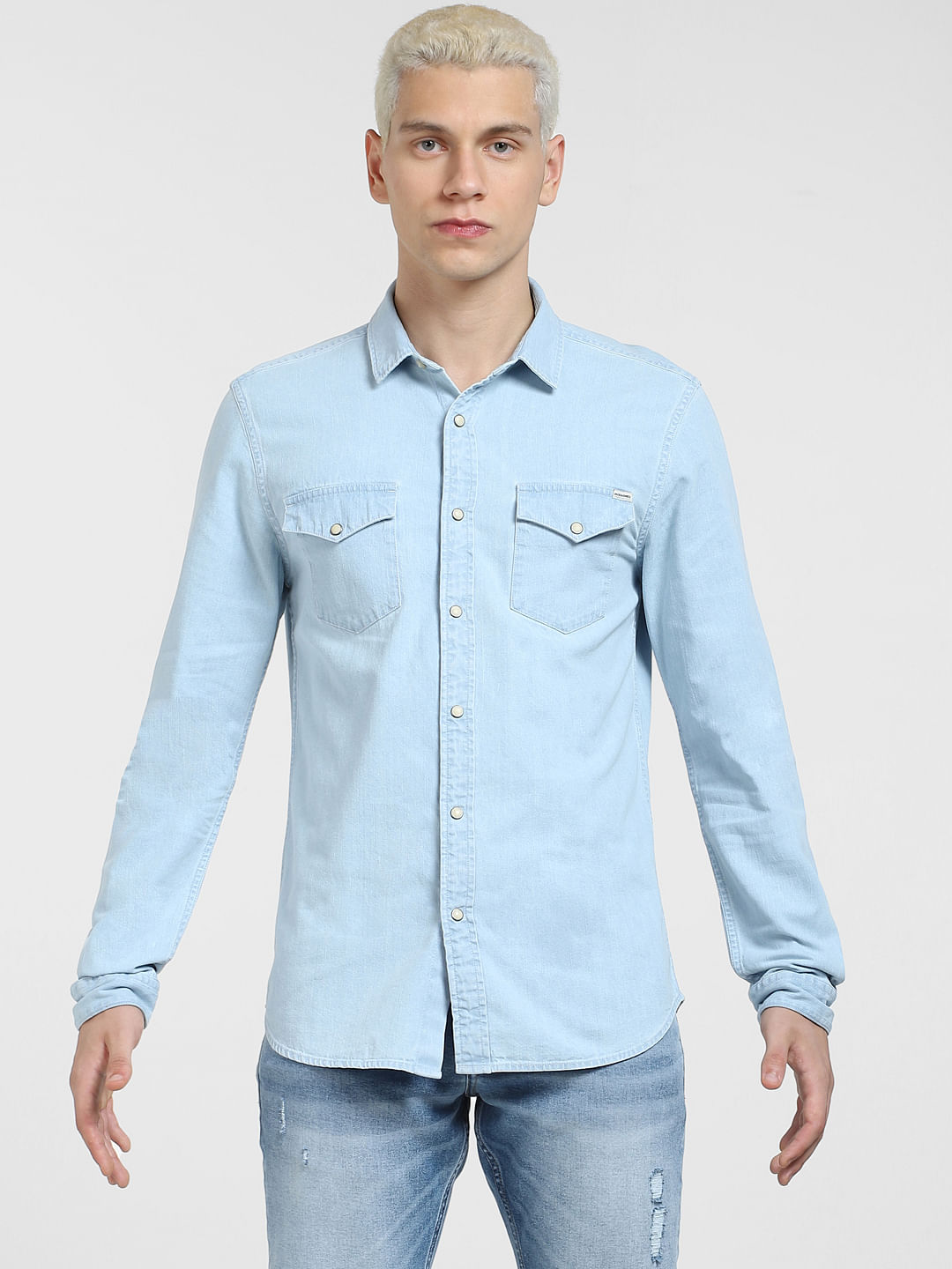 Plain Men Sky Blue Denim Shirt, Slim Fit at Rs 400 in New Delhi | ID:  23771741433