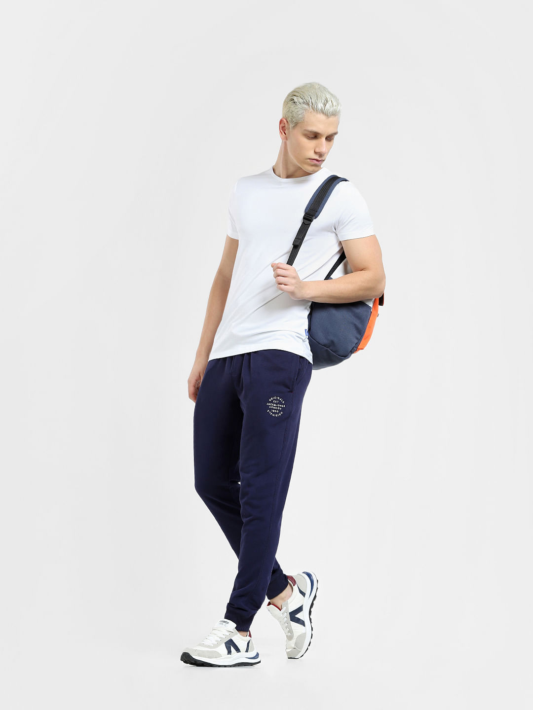 Navy blue and white joggers online