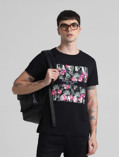 Black Tropical Print Crew Neck T-shirt
