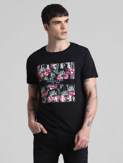 Black Tropical Print Crew Neck T-shirt