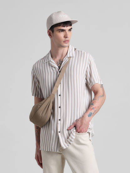Beige Striped Short Sleeves Shirt