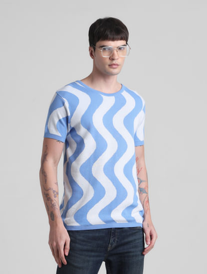 Blue Printed Jacquard Knit T-shirt