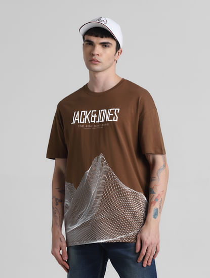 Brown Printed Oversized Crew Neck T-shirt