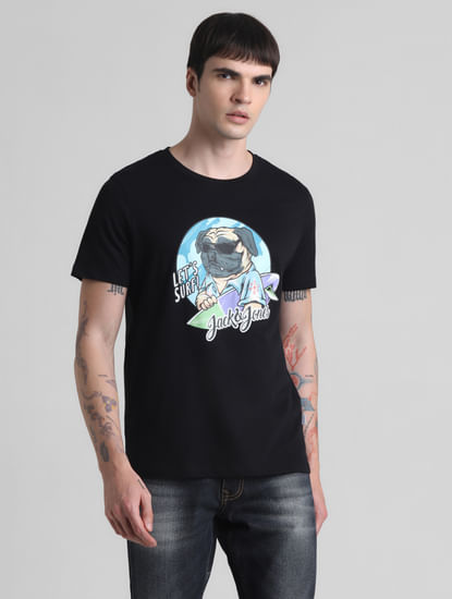 Black Doggo Print Crew Neck T-shirt