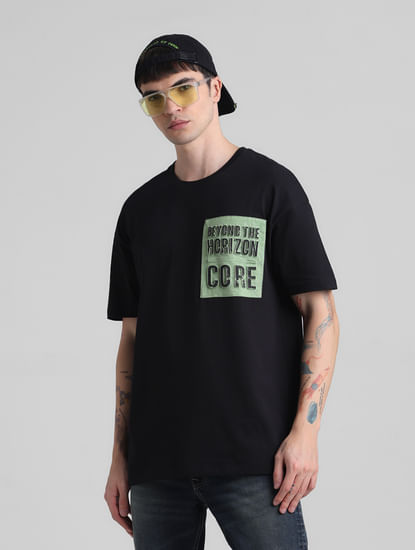 Black Applique Print Oversized Crew Neck T-shirt