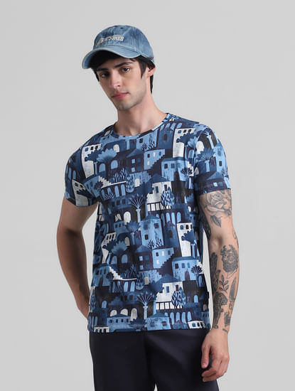 Blue Printed Crew Neck T-shirt